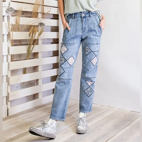 1187 Easel Boho Patchwork Straight Leg Boyfriend Jeans