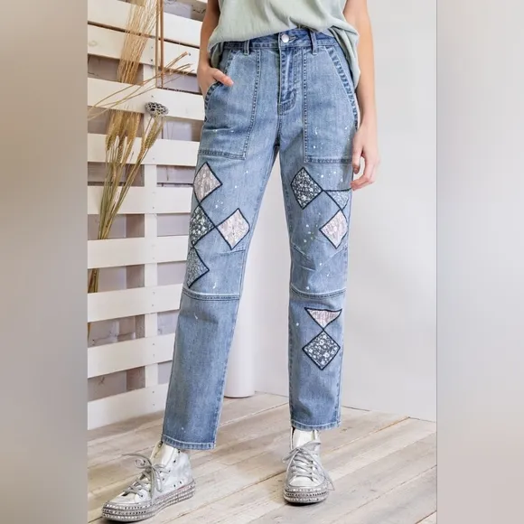 1187 Easel Boho Patchwork Straight Leg Boyfriend Jeans