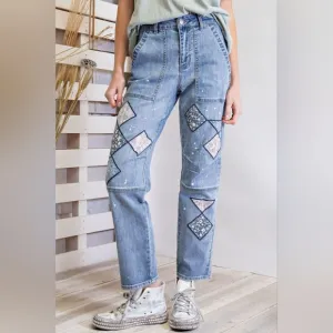 1187 Easel Boho Patchwork Straight Leg Boyfriend Jeans