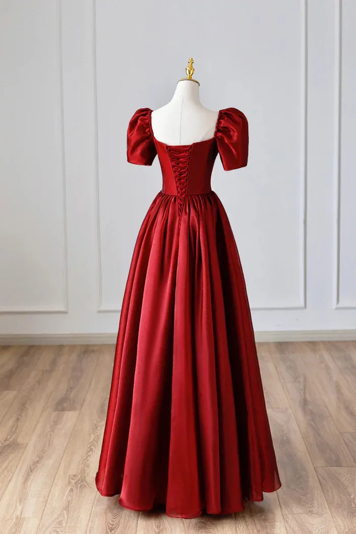 A Line Burgundy Satin Long Prom Dress, Simple A Line Short Sleeve Formal Evening Dress