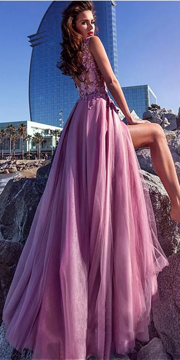 A-line Elegant Tulle Spaghetti Straps Neckline A-line Prom Dresses With Lace Appliques,PD1034