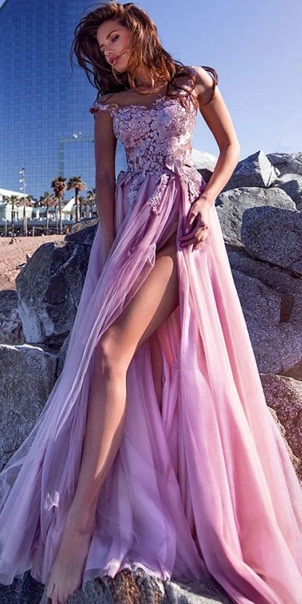 A-line Elegant Tulle Spaghetti Straps Neckline A-line Prom Dresses With Lace Appliques,PD1034