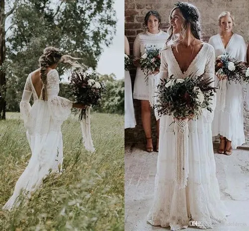 A-line Long Sleeve Deep V-neck Lace Backless Wedding Dresses Long Bridal Dresses,MW343