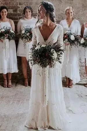 A-line Long Sleeve Deep V-neck Lace Backless Wedding Dresses Long Bridal Dresses,MW343