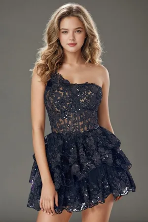 A Line One Shoulder Black Short Homecoming Dresses