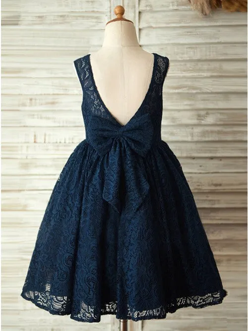 A-Line Round Neck Backless Navy Blue Lace Flower Girl Dresses with Bowknot OKP17