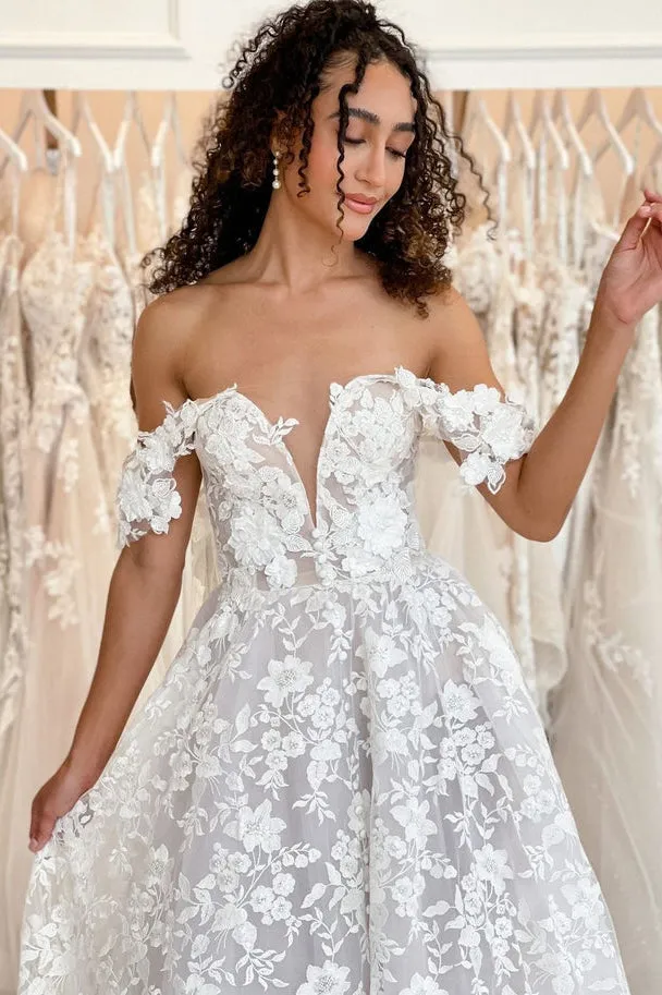 A Line Sweetheart Off the Shoulder Lace Wedding Dress N090