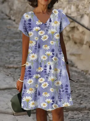 BerryBetty - Daisy Purple V Neck Causal Short Sleeve Shift Dress