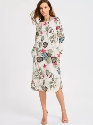 BerryBetty - Fashion Floral Print Long Sleeve Slit Dress
