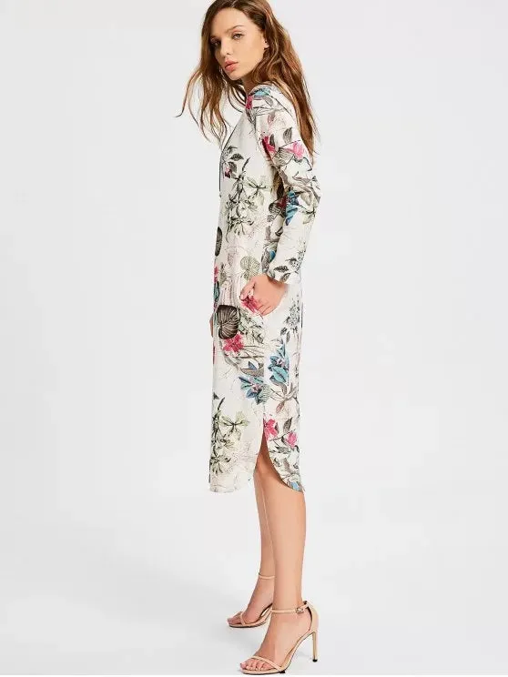 BerryBetty - Fashion Floral Print Long Sleeve Slit Dress