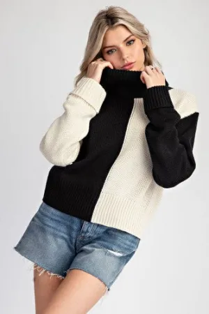 Black & White Half & Half Colorblock Cowl Neck Sweater