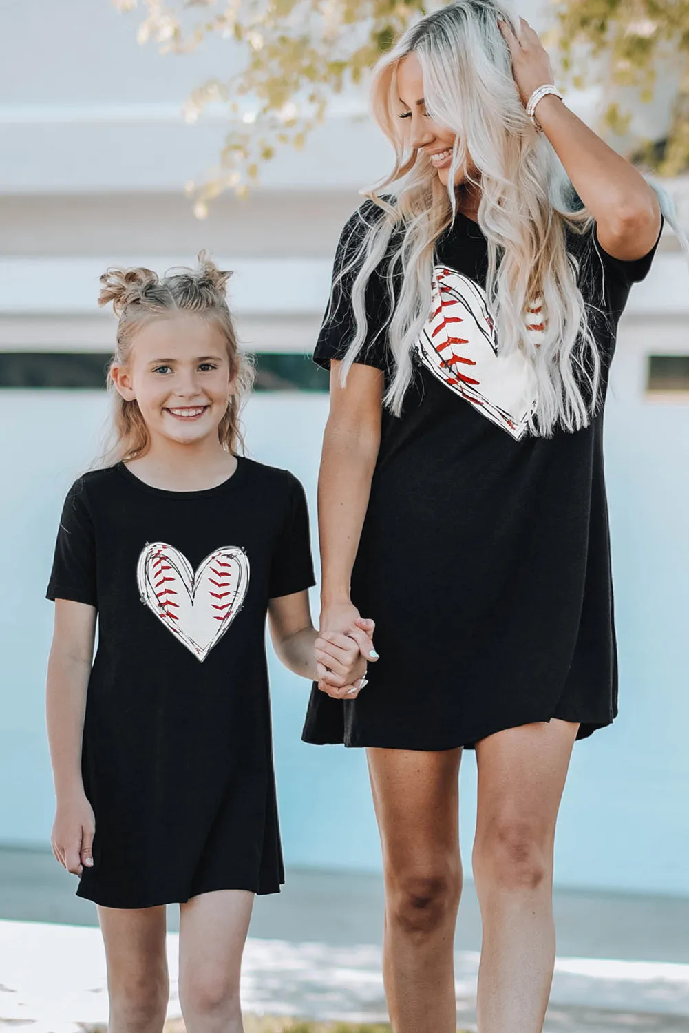 Black Baseball Love Print Crew Neck Girl's Mini Dress