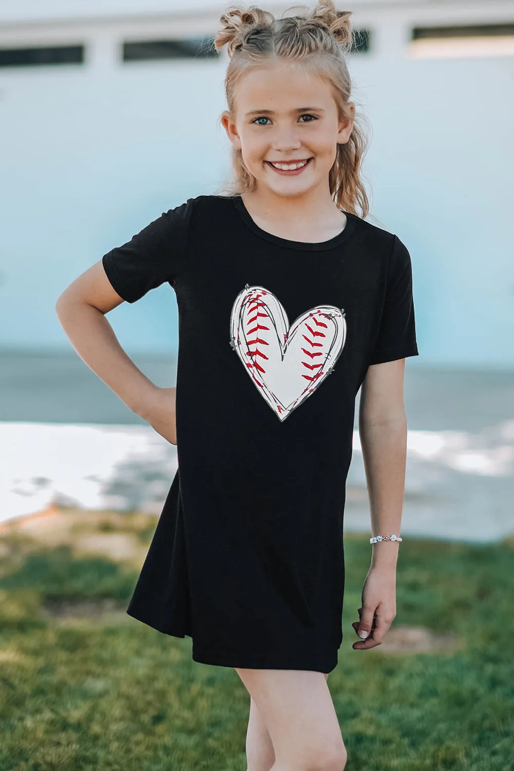 Black Baseball Love Print Crew Neck Girl's Mini Dress