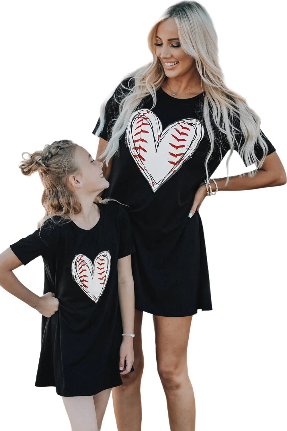 Black Baseball Love Print Crew Neck Girl's Mini Dress