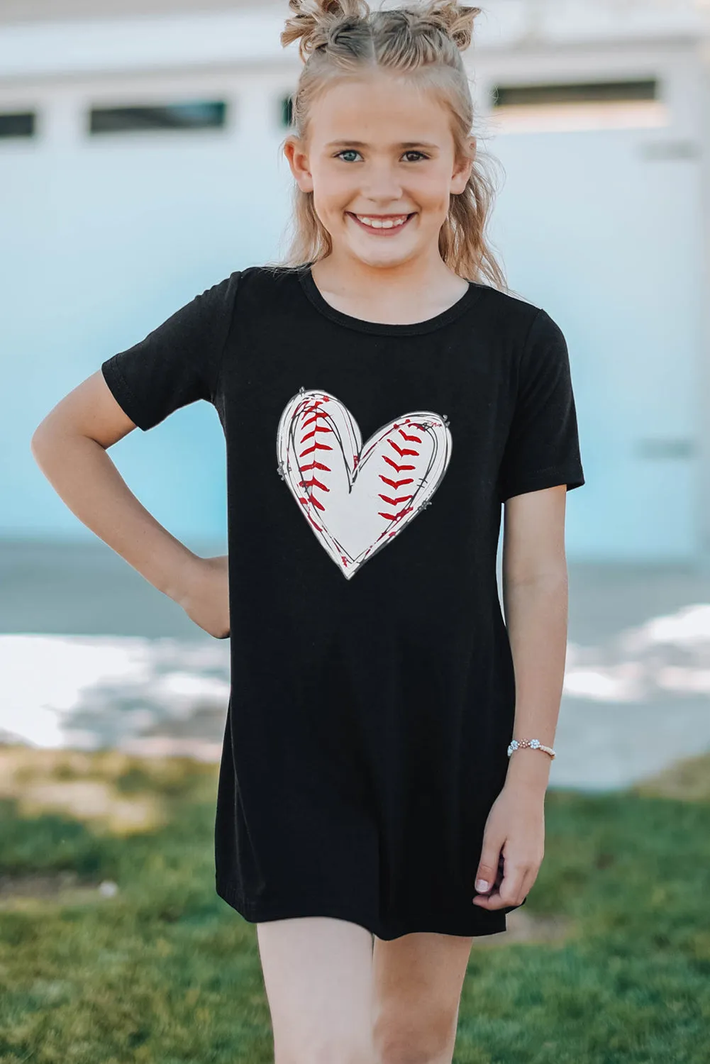Black Baseball Love Print Crew Neck Girl's Mini Dress