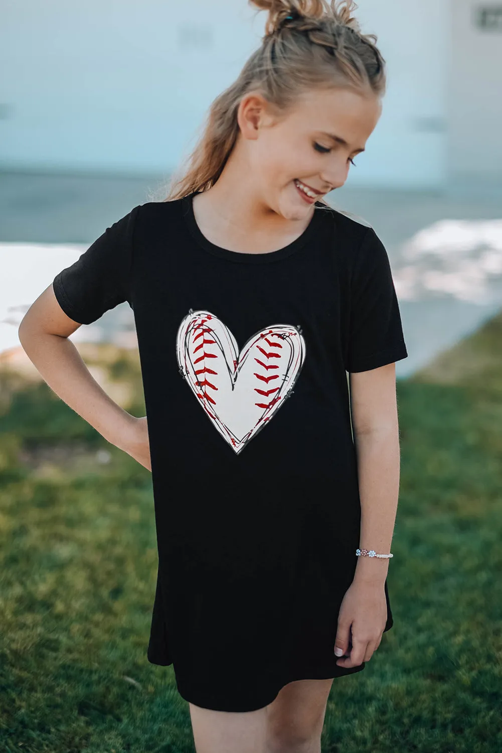 Black Baseball Love Print Crew Neck Girl's Mini Dress