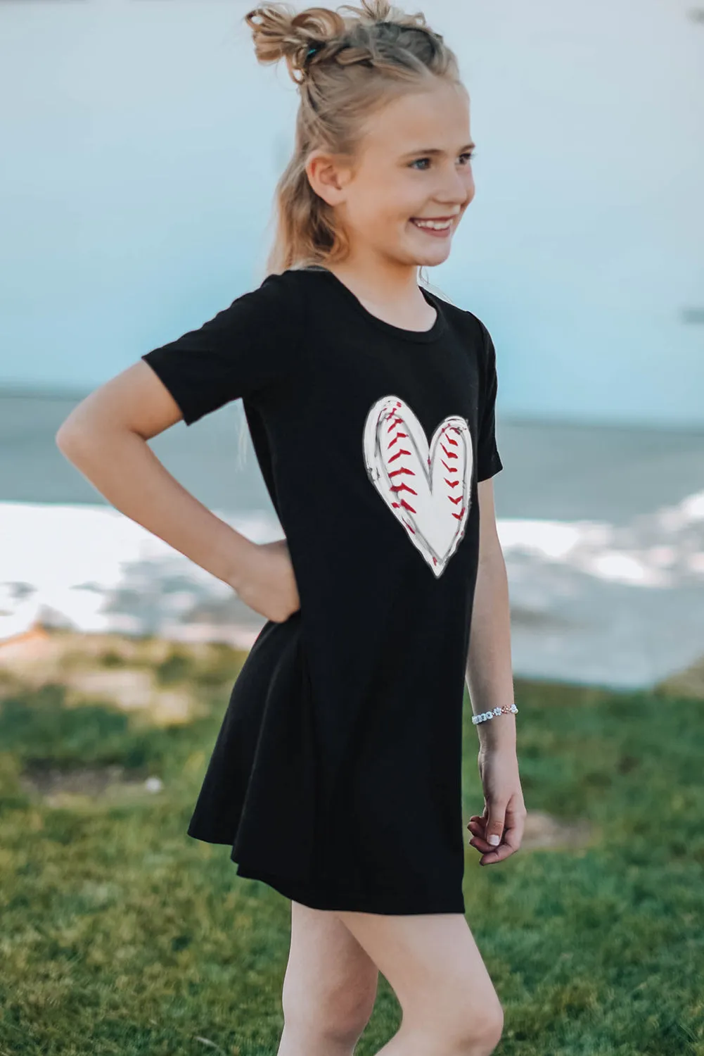 Black Baseball Love Print Crew Neck Girl's Mini Dress