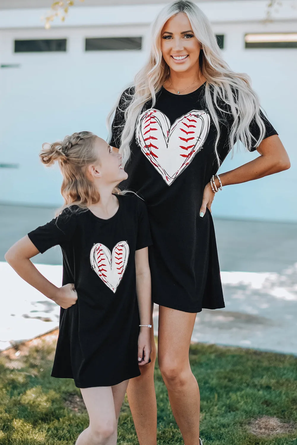 Black Baseball Love Print Crew Neck Girl's Mini Dress