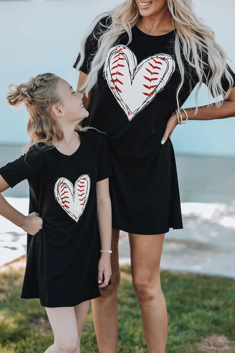 Black Baseball Love Print Crew Neck Girl's Mini Dress