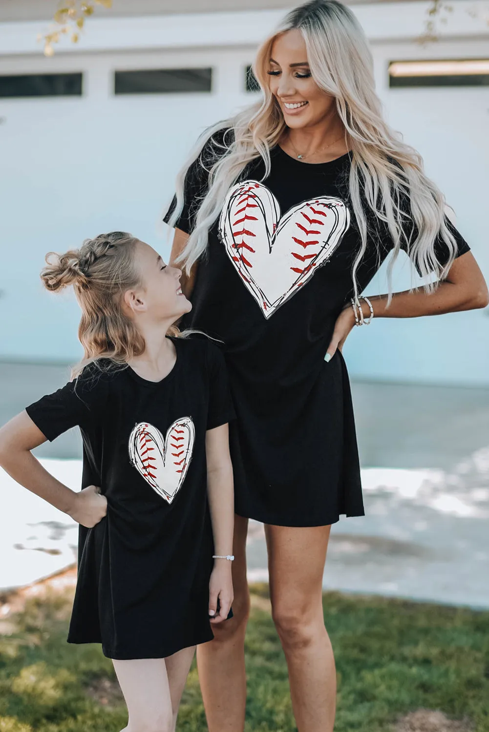 Black Baseball Love Print Crew Neck Girl's Mini Dress