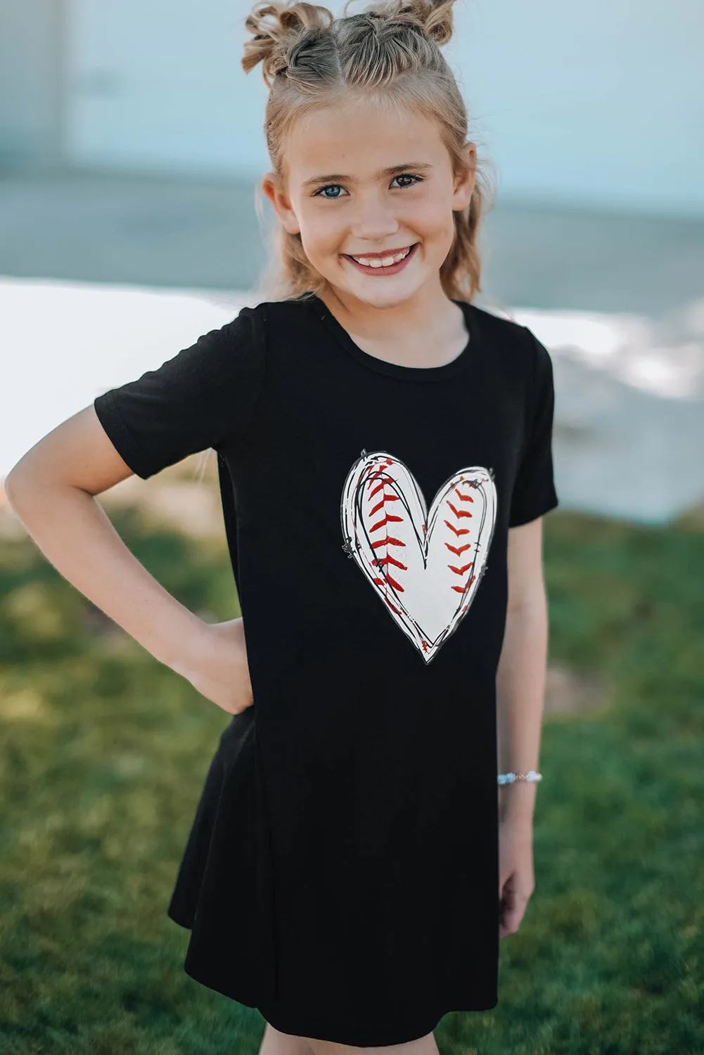 Black Baseball Love Print Crew Neck Girl's Mini Dress