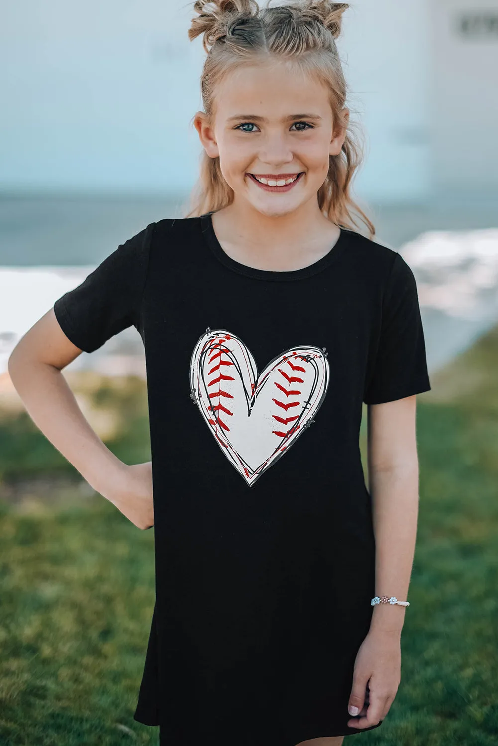 Black Baseball Love Print Crew Neck Girl's Mini Dress