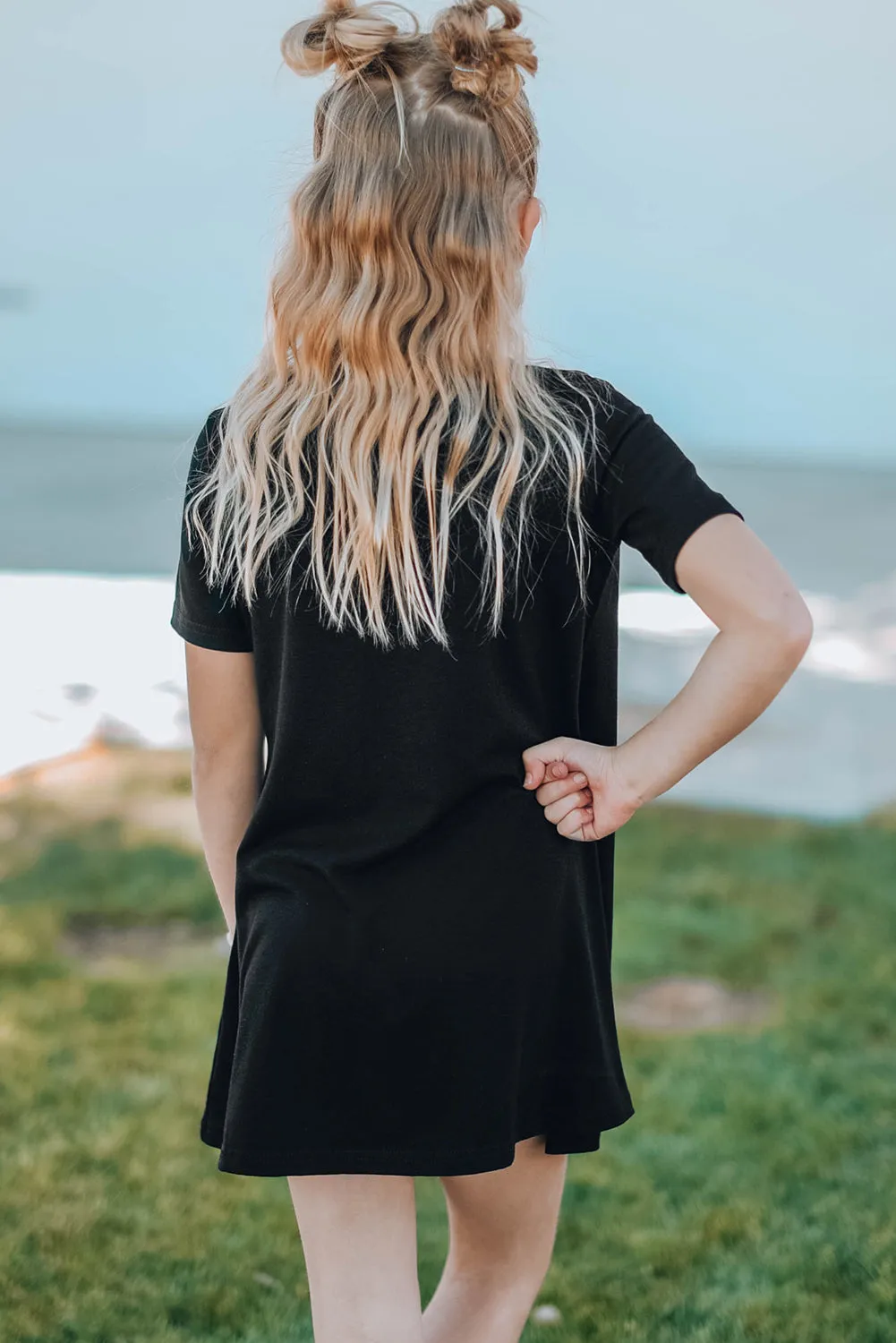 Black Baseball Love Print Crew Neck Girl's Mini Dress