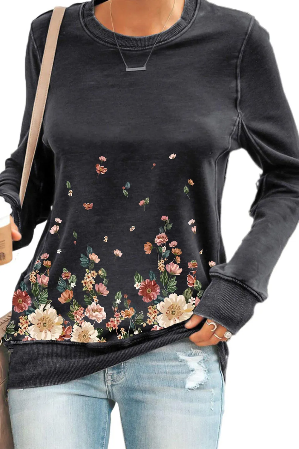 Black Floral Print Round Neck Pullover Sweatshirt