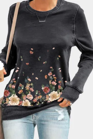 Black Floral Print Round Neck Pullover Sweatshirt