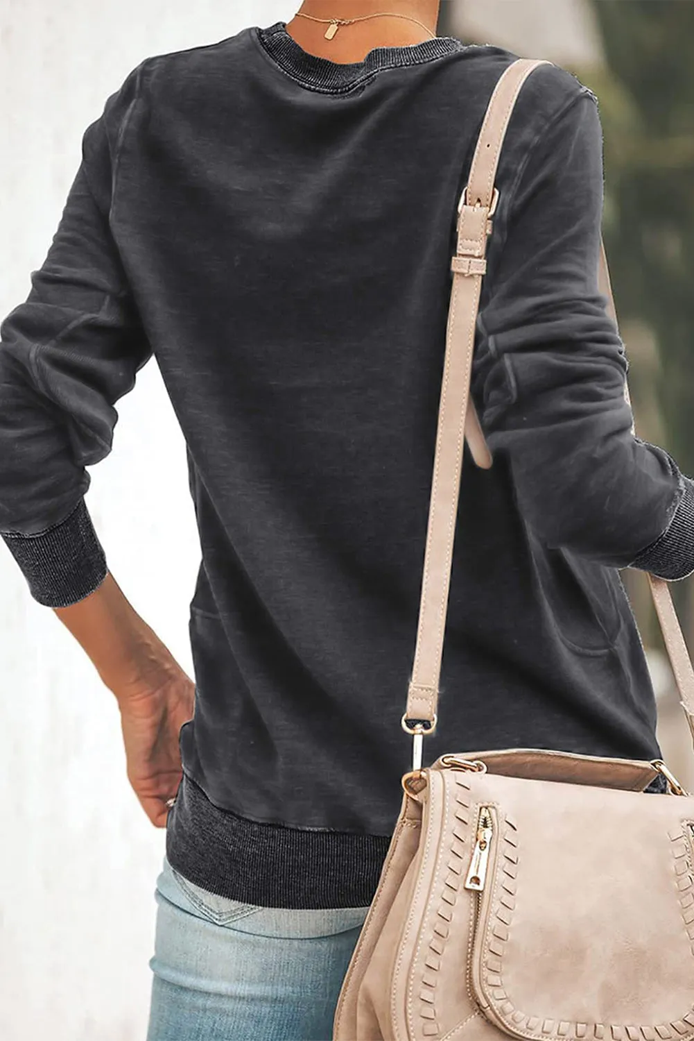 Black Floral Print Round Neck Pullover Sweatshirt