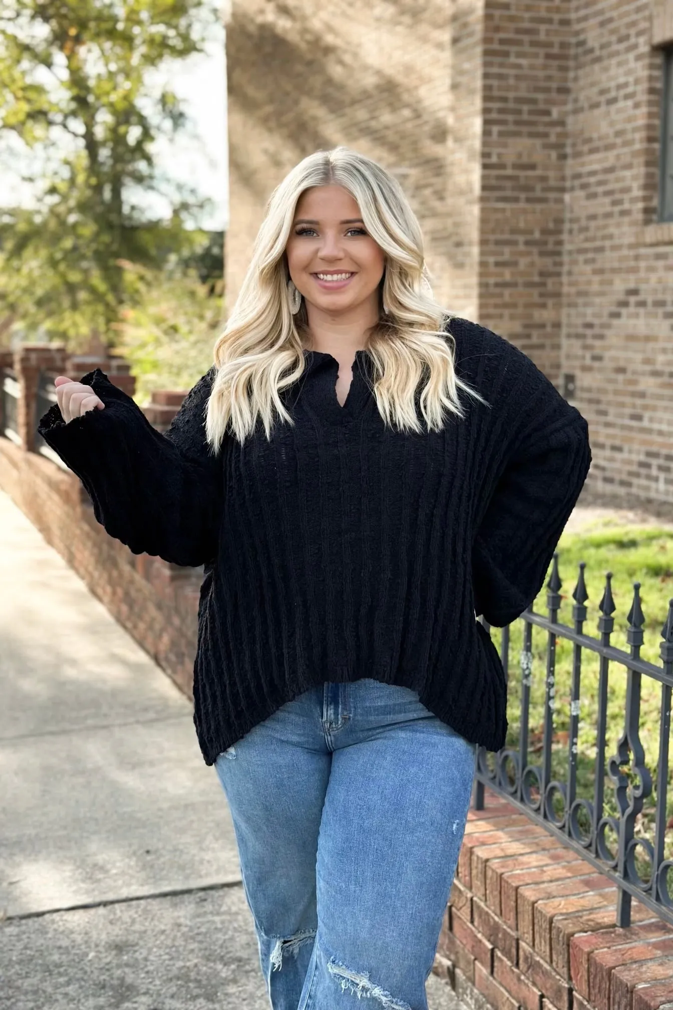 Black Knit Collared V-Neck Sweater *Final Sale*