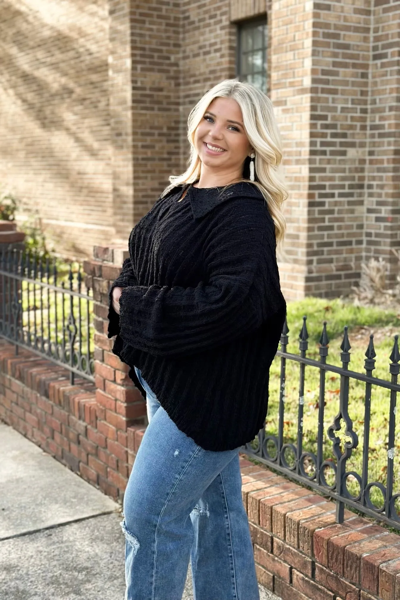 Black Knit Collared V-Neck Sweater *Final Sale*