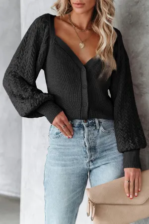 Black Pearl Embellished Puff Sleeve V Neck Sweater Cardigan