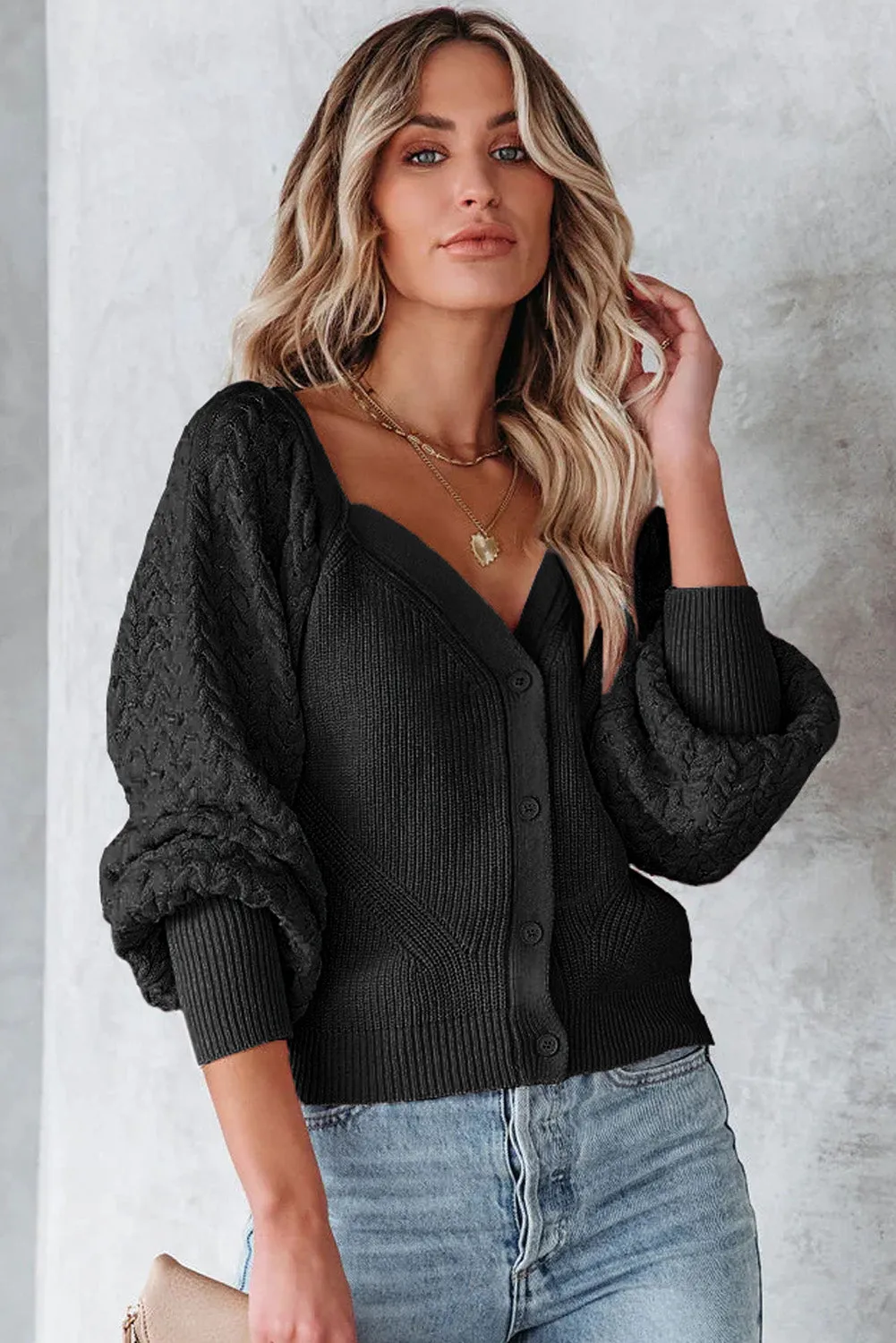 Black Pearl Embellished Puff Sleeve V Neck Sweater Cardigan