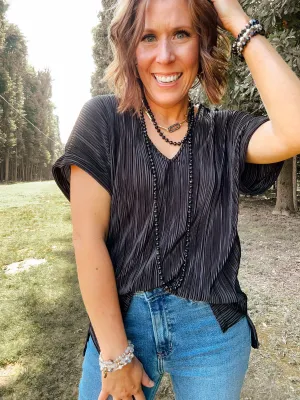 Black Plisse V Neck Drop Shoulder