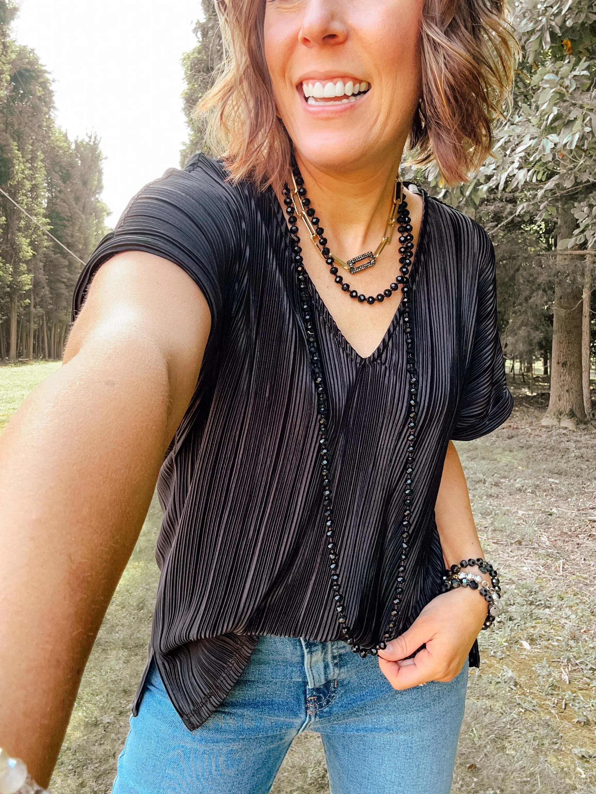 Black Plisse V Neck Drop Shoulder