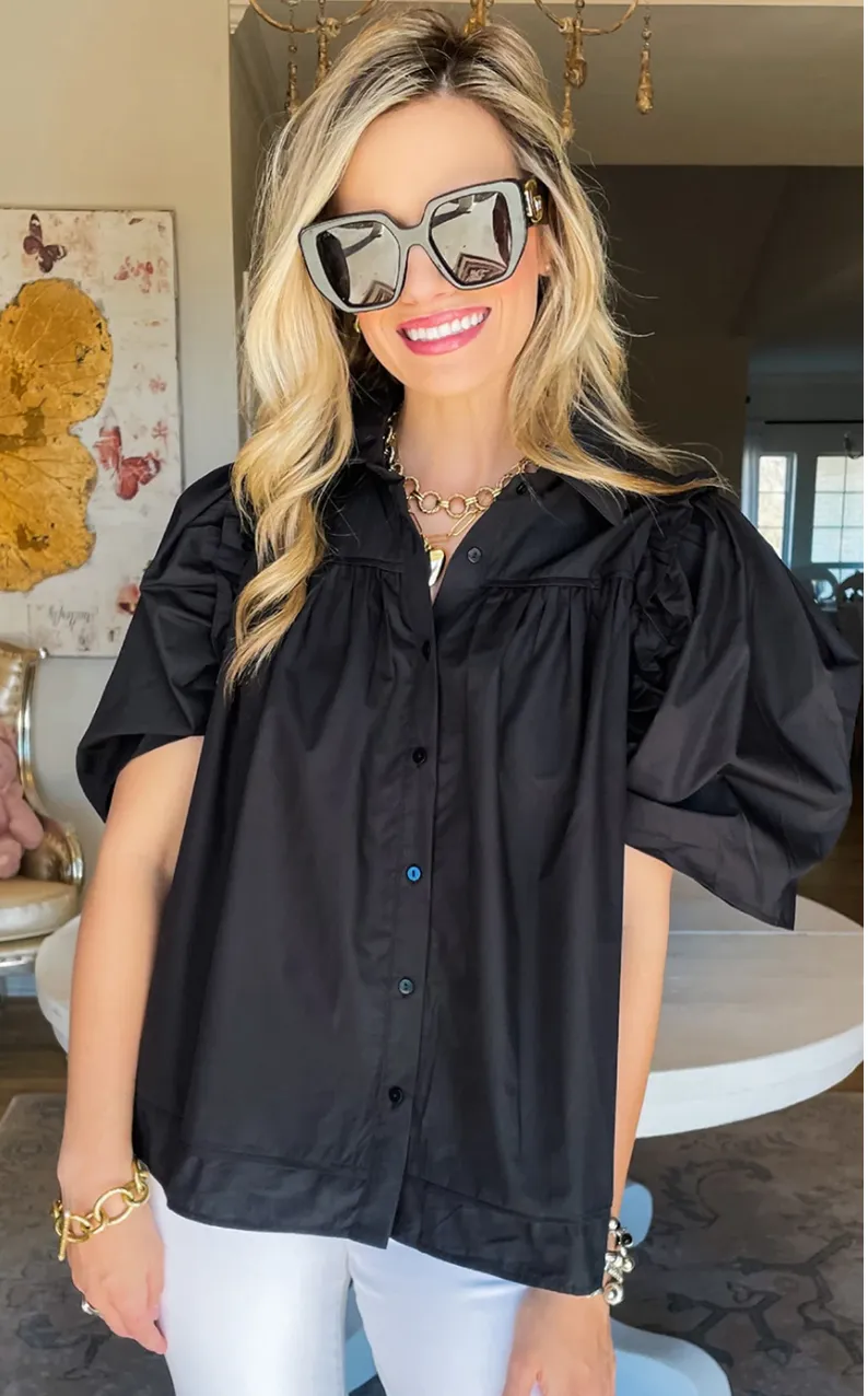 Black Ruched Puff Sleeve Loose Buttoned Up Blouse