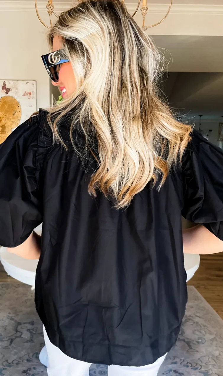 Black Ruched Puff Sleeve Loose Buttoned Up Blouse