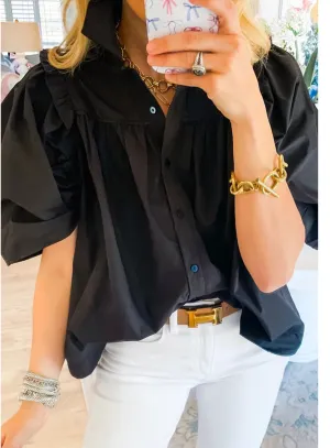 Black Ruched Puff Sleeve Loose Buttoned Up Blouse