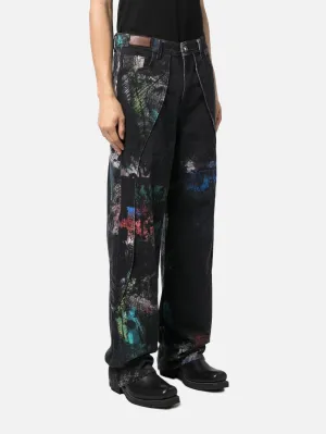 Black Scratch Curved Wide Jeans