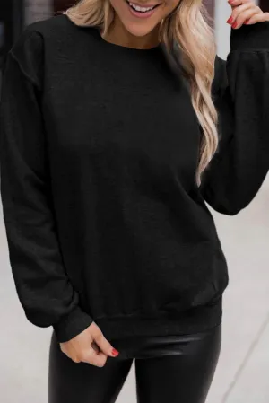 Black Solid Color Crewneck Pullover Sweatshirt