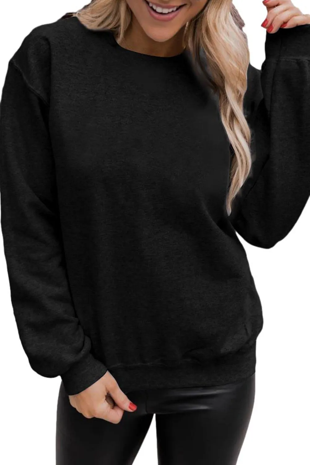 Black Solid Color Crewneck Pullover Sweatshirt