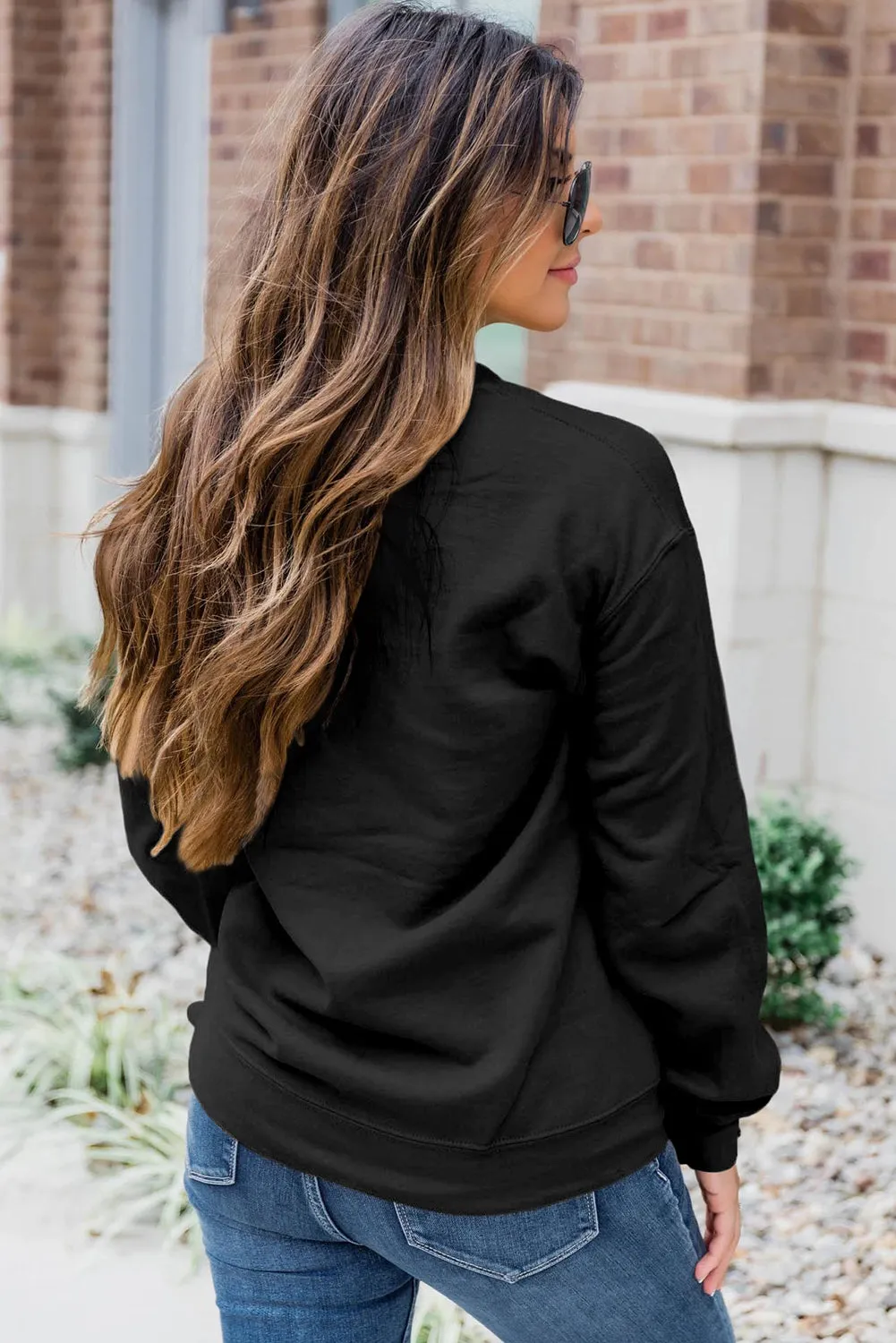 Black Solid Color Crewneck Pullover Sweatshirt