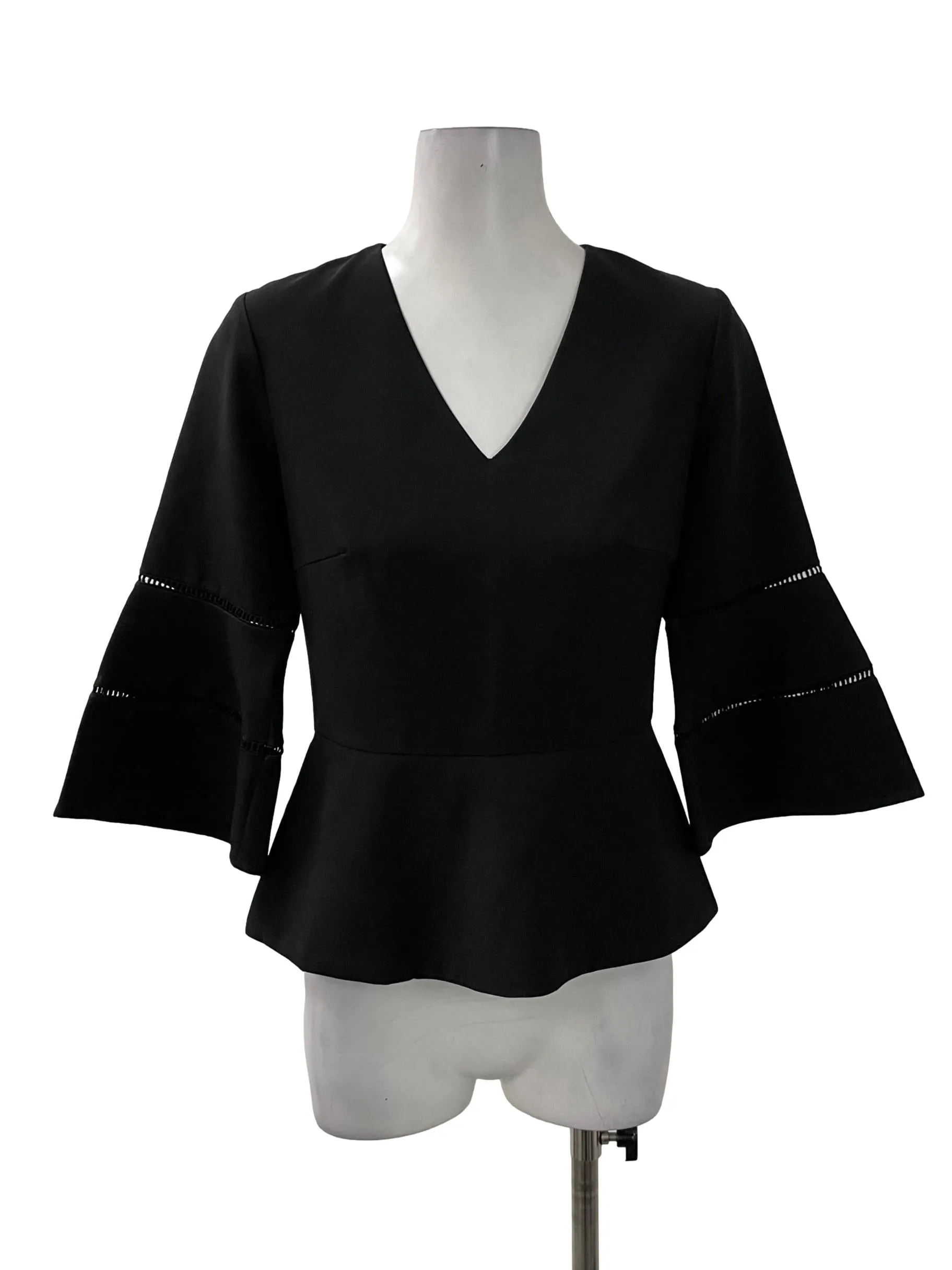 Black V Neck Structured Long Sleeve Top