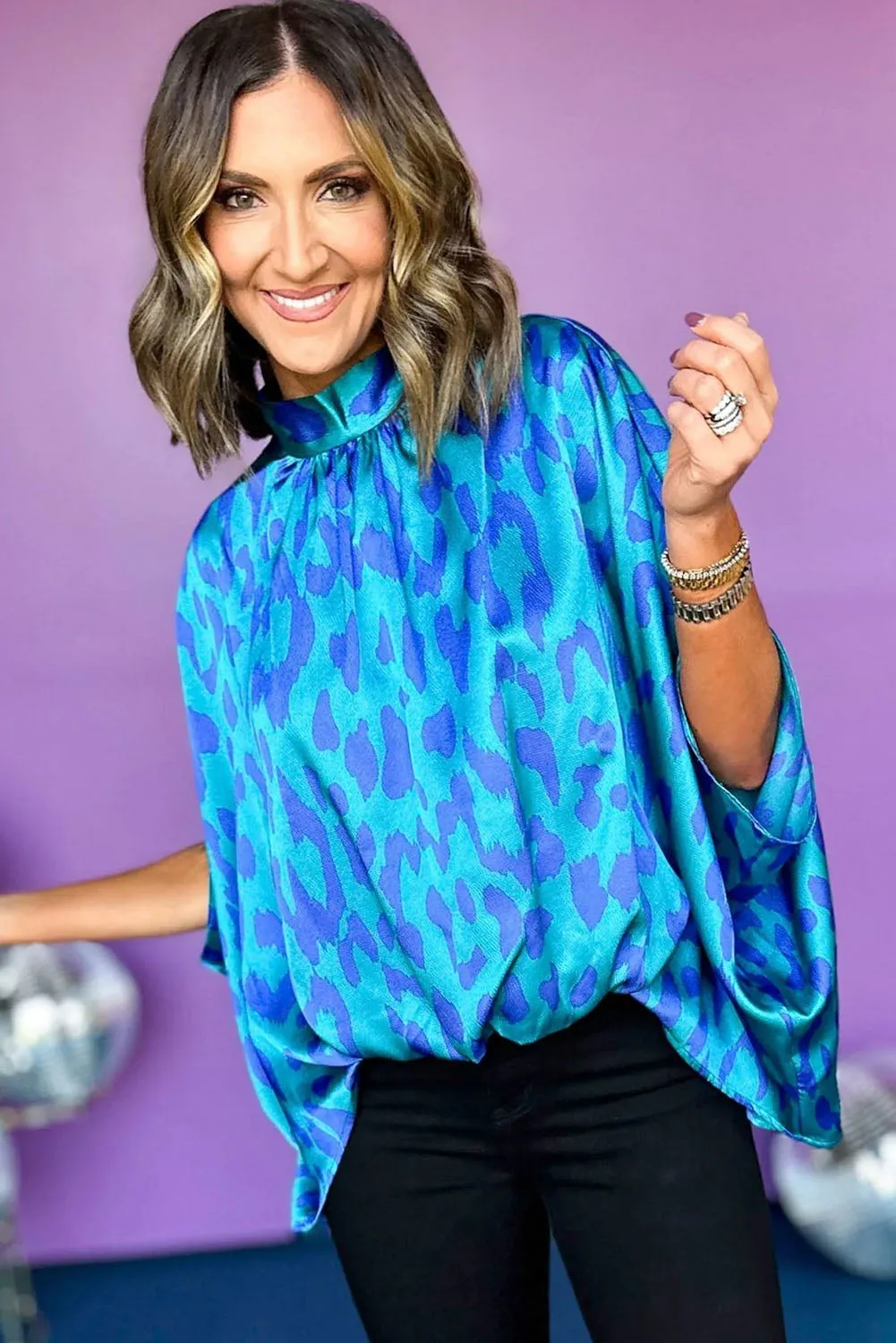 Blue Leopard Print Loose Half Sleeve Mock Neck Blouse