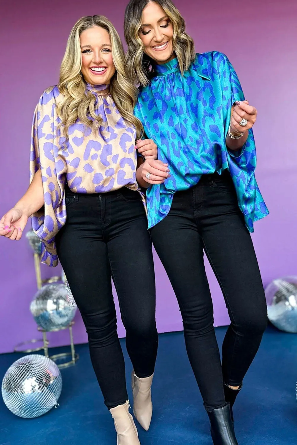 Blue Leopard Print Loose Half Sleeve Mock Neck Blouse