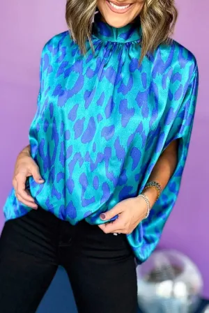Blue Leopard Print Loose Half Sleeve Mock Neck Blouse