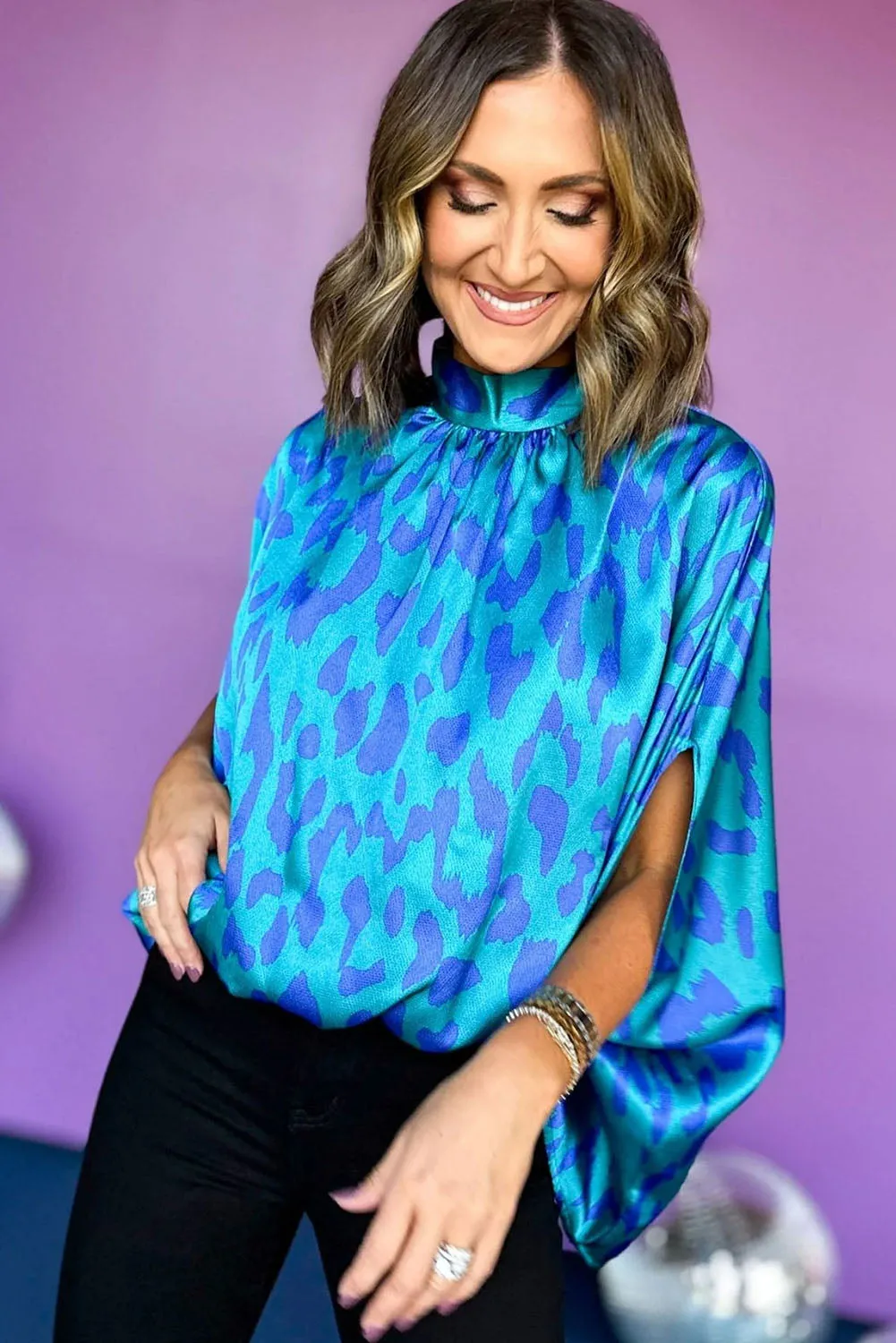 Blue Leopard Print Loose Half Sleeve Mock Neck Blouse