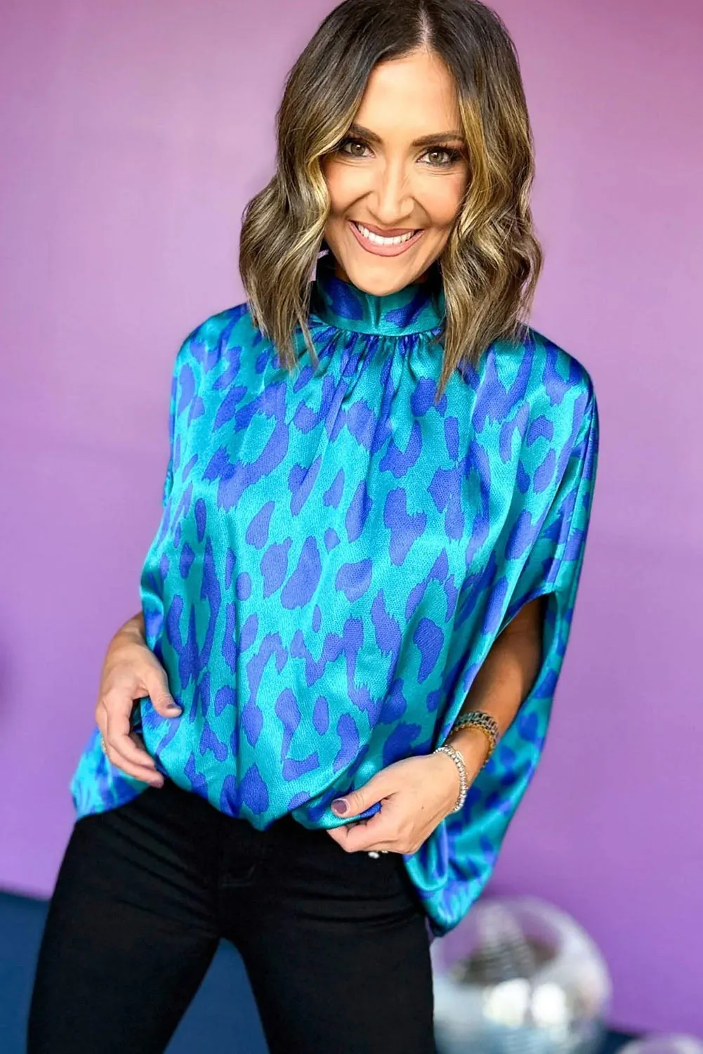 Blue Leopard Print Loose Half Sleeve Mock Neck Blouse