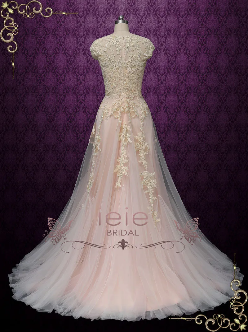 Blush Pink Boho Beach Lace Wedding Dress with Plunging Neckline KORI